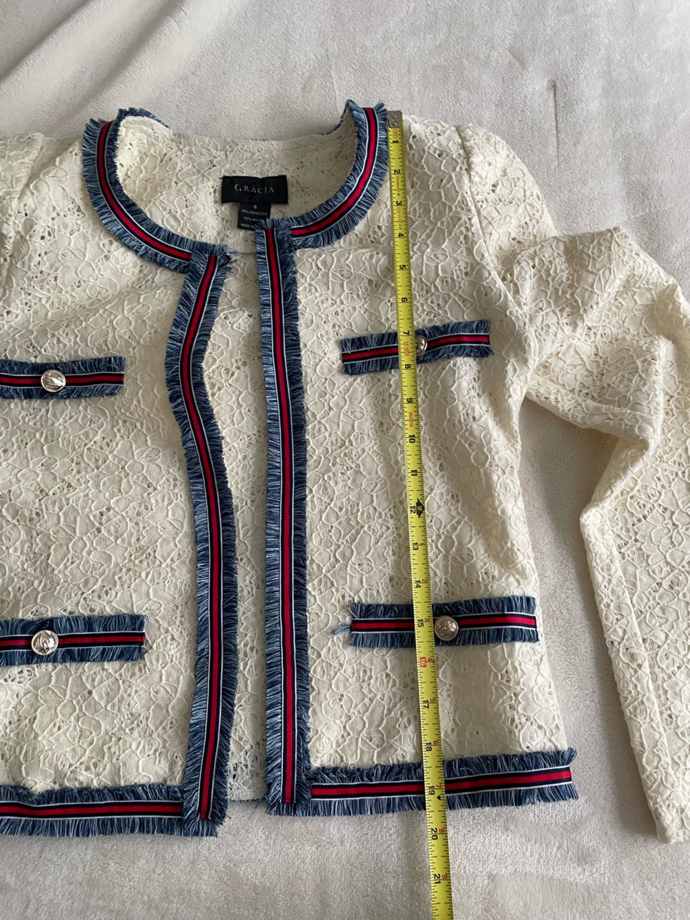Gracia Cream Lace Tweed Jacket with Navy & Red Trim - Picture 7 of 9